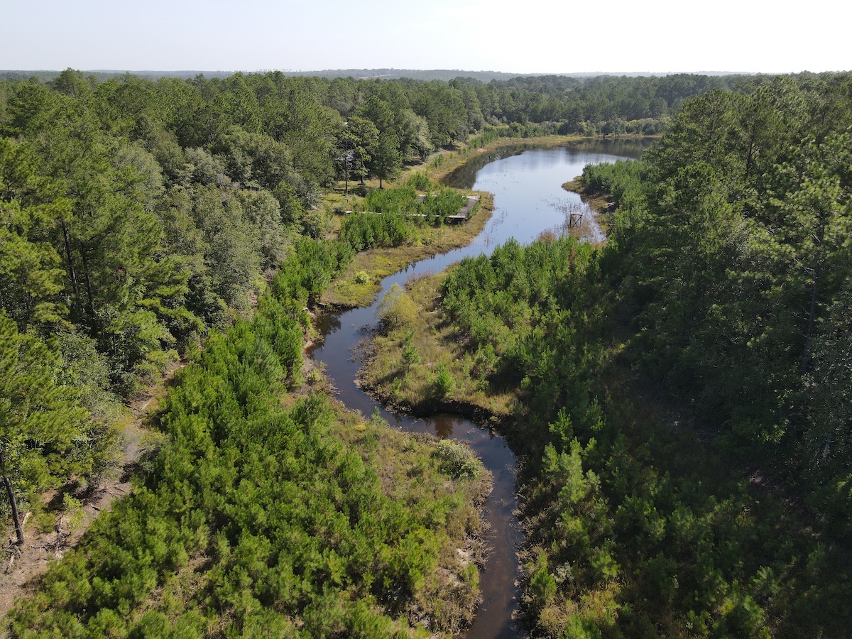  Aerial view of a Green Energy project site with trees surrounding a creek and extending into the horizon